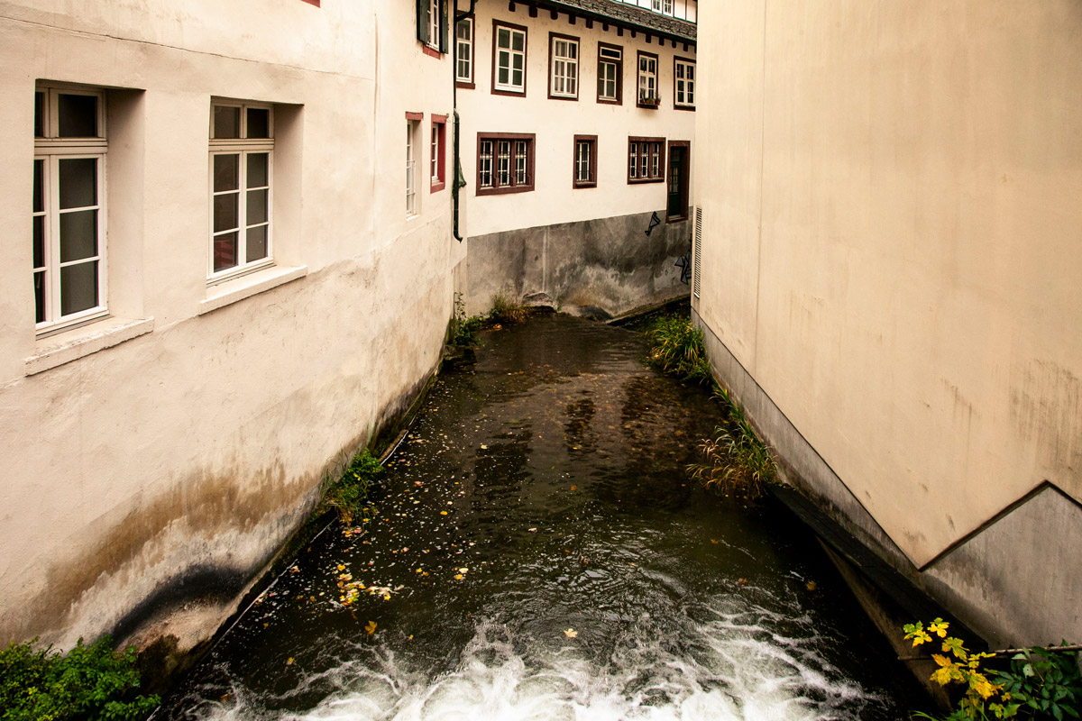 Il canale che passa tra le case nel quartiere Saint Alban di Basilea