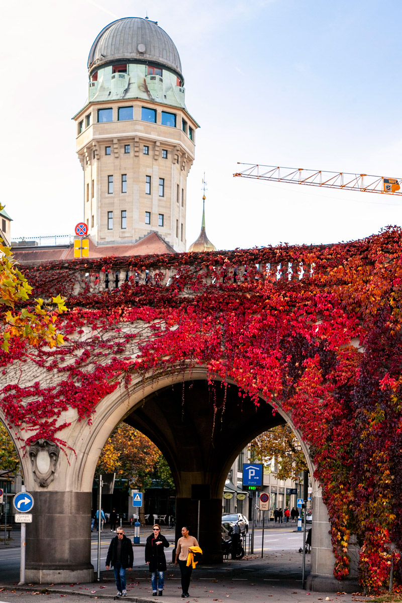 Torre Urania di Zurigo dietro a viadotto con rampicanti