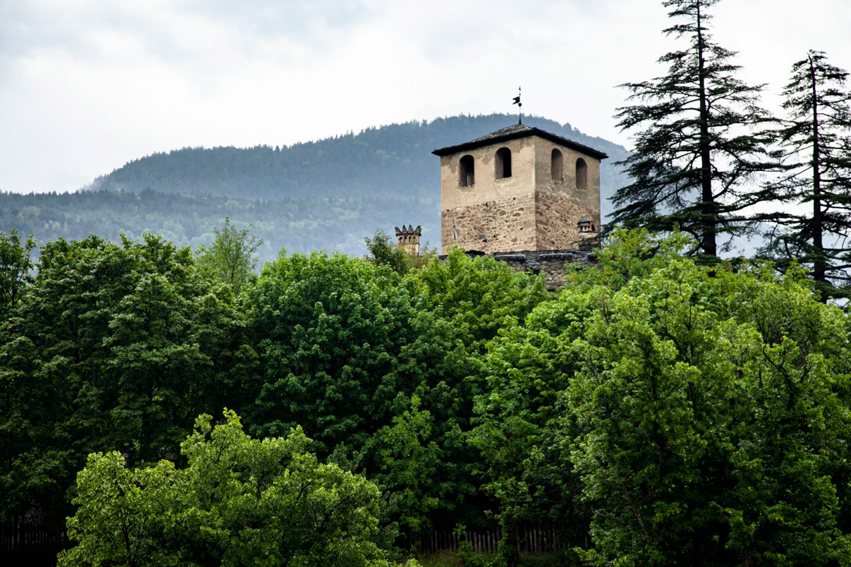 Torre Mastio del castello vista tra gli alberi