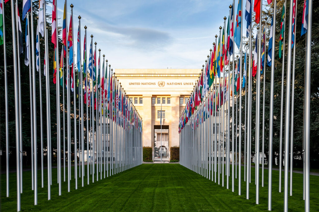 Palazzo delle Nazioni e bandiere degli Stati a Ginevra